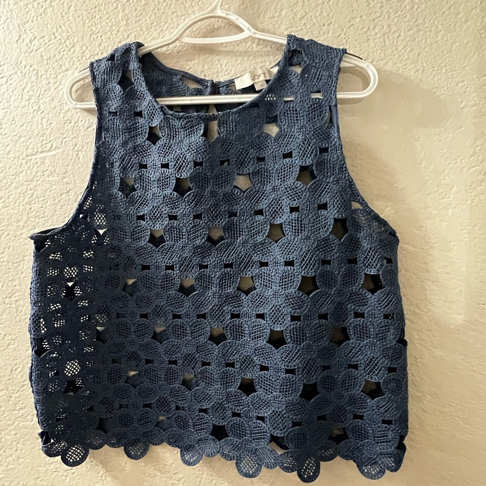 LOFT Denim-Blue Crochet Floral Tank